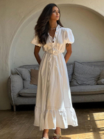 Langes Kleid mit Puffärmeln V-Ausschnitt Sommerkleid mit Gürtel für Damen 2025