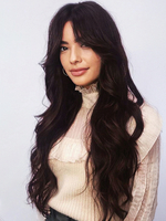 Langes lockiges Haar mit Vorhangpony schwarzbraune Kunsthaarperücke für Frauen 2025