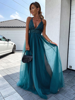 Langes Partykleid mit V-Ausschnitt; rückenfrei; A-Linie; geteiltes Strandkleid für Damen