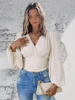 Langärmlige T-Shirts Dunkelgrünes mehrlagiges V-Ausschnitt-T-Shirt für Damen