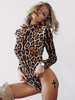 Langärmliger Body mit hohem Kragen sexy Leopardenmuster Damenoberteil