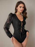 Langärmliger Bodysuit aus schwarzer Spitze transparenter V-Ausschnitt sexy Spitzentop für Frauen