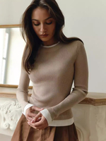 Langärmliger Rippenstrickpullover mit kontrastierenden Kanten Frühlings-Casual-Basic-Tops für Frauen 2025