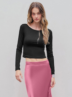 Langärmliges T-Shirt aus schwarzem Polyester mit Rundhalsausschnitt für Damen