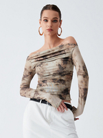 Langärmliges T-Shirt Khakifarbenes bedrucktes Polyester-T-Shirt mit U-Boot-Ausschnitt für Damen