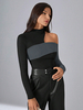 Langärmliges T-Shirt schwarzes Polyester Farbblock asymmetrisch gestalteter Ausschnitt Damen-T-Shirt