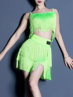 Latein-Tanz-Kostüm Grasgrün Damen Fransen elegant Polyester Oberteil Rock Tanzbekleidung