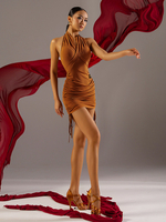 Latein-Tanz-Kostüm schwarz Damen-Polyester-Kleid rückenfrei elegant plissiert lateinamerikanische Tänzerin Tanzkleidung