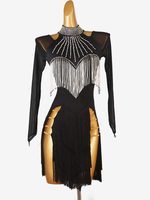 Latein-Tanz-Kostüm schwarzes Damen-Kleid aus Lycra-Spandex mit Schlitz vorne und Pailletten Tanzkostüm