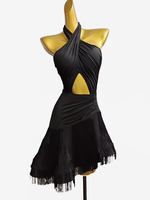 Latein-Tanz-Kostüm schwarzes Lycra-Spandex-Kleid für Damen sexy Fransen lateinamerikanische Tänzerin Tanzbekleidung