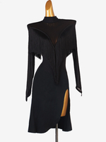 Latein-Tanz-Kostüm schwarzes rückenfreies Lycra-Spandex-Kleid mit Fransen für Damen Tanzkostüm