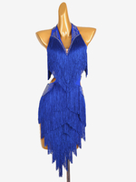 Latein-Tanzkleider Königsblau Damen-Lycra-Spandex-Kleid mit Fransen Tanzkostüm