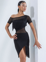 Latein-Tanzkleider schwarz Damen-Set mit Fransen mehrlagig elegantes Polyester-Kleid Tanzkleidung