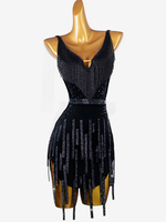 Latein-Tanzkleider Schwarzes Lycra-Spandex-Kleid für Damen Sexy Fransen Latein-Tänzerin Tanzkostüm