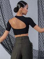 Latein-Tanzkleider schwarzes Polyester-Oberteil für Damen rückenfrei sexy lateinamerikanische Tanzkleidung