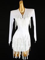 Latein-Tanzkleider Weißes Damen-Lycra-Spandex-Kleid mit rückenfreiem elegantem Pailletten-Fransenmuster und lateinamerikanischer Tanzkleidung
