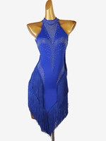 Latein-Tanzkostüm königsblaues Damen-Lycra-Spandex-Kleid rückenfrei sexy Strass-Tanzkostüm