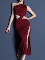 Latein-Tanzkostüm Burgunderrotes Polyesterkleid für Damen sexy vorne geschlitztes Latein-Tänzer-Tanzkostüm