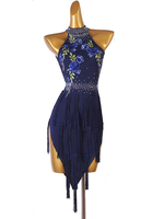 Lateinische Tanzkleider Dark Navy Damen Strass Blumendruck Bodycon Sexy Polyester Kleid Tanzkleidung