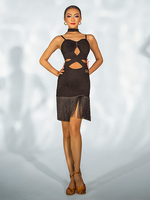 Lateinische Tanzkleider schwarzes Damen-Set mit Fransen rückenfrei sexy Polyester-Kleid Tanzkostüm