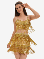Lateinischer Tanz goldene Pailletten Fransen-Set sexy Rock Top Tanzkostüm