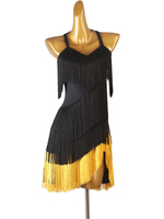 Latin Dance Costume Black Damen Fransen Rhinestones Bodycon Sexy Polyester Kleid Tanzen Kostüm