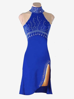 Latin Dance Costume Blue Damen Strasssteine u200bu200bHigh-Slit Bodycon Sexy Polyester Kleid Tanzen Kostüm
