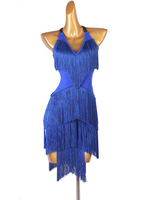 Latin Dance Kostüm Blau Damen Polyester Kleid Rückenfrei Sexy Fransen Latin Dancer Tanzkleidung