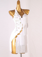 Latin Tanzkleider Weißes Frauen Polyesterkleid Backless Sexy Fransen Rhinestones Latin Tänzerin Tanzen Tragen