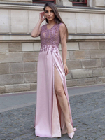 Lavendel Abendkleid Scheide V-Ausschnitt Bodenlang Ärmellose Reißverschluss Spitze Elastische Seide Wie Satin Formelle Partykleider Festzugskleid