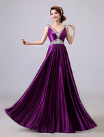Lavendel Prom Kleider lange Perlen V-Ausschnitt rückenfreie Sash bodenlangen Abendkleid