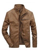 Lederjacke Männer Stehkragen Langarm Ledermantel PU kurze Khaki Jacke