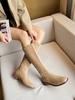 Leichte kniehohe Aprikosenstiefel für Frauen PU-Leder-Stiefel mit rundem Zehen und dickem Absatz