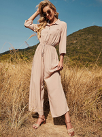 Leichter Aprikosen-Overall Turndown-Kragen mit langen Ärmeln Plissee Kordelzug Polyester Ausgestelltes Sommer-One-Piece-Outfit