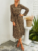 Leopard Maxikleider Langarm Frauen Hemdkleid