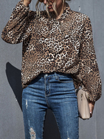 Leopardenmuster Bluse Frauen Designed Neck Bow Langarm Casual Shirt