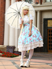 Licht blauer Baumwolle Lolita einteiliges Kleid Flower Print Kurzarm Chiffon Rüschen