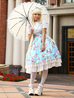 Licht blauer Baumwolle Lolita einteiliges Kleid Flower Print Kurzarm Chiffon Rüschen