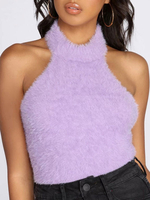Lila Cami Top hoher Kragen Knöpfe Sexy offene Schulter Flanell Frauen Camis