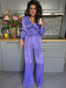 Lila Jumpsuit V-Ausschnitt Langarmknöpfe Unregelmäßiger Polyester Straight Summer Playsuit