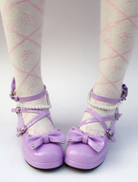 Lila Lolita Schuhe süße klobige Ferse Pearl Runde Zehe Bogen Kreuz vorne Ankle Strap Lolita Pumpen