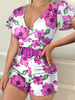 Lila Playsuit V-Ausschnitt Kurzarm Schärpe Asymmetrisches Polyester Skinny Summer One Piece Outfit