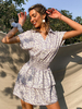 Lila Sommerkleid Frauen Turndown Kragen Kurzarm Blumendruck Hemdhemden