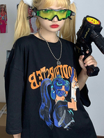 Lolita Bluse für Frauen Schwarz Polyester Cartoon Muster Jewel Neck Long Sleeves Casual T-Shirt