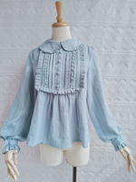 Lolita Blusen Hellhimmelblau Lange Ärmel Peter Pan Kragen Rüschen Schleifen Lolita Top Lolita Shirt
