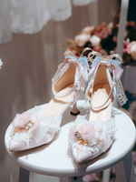 Lolita Hochzeitskleid Lolita Schuhe Rosa Blumen Spitze Rüschen Spitzschuh Satin Lolita Pumps