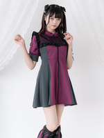 Lolita-Kleid Netzstoff Rüschenkragen kurze Ärmel Farbblock Reißverschluss Mantelkleid Subkultur-Uniform