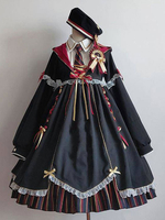 Lolita OP Kleid Schwarze Rüschen Langarm Polyester Akademische Mahou Shoujo Lolita Einteilige Kleider