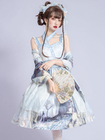 Lolita-Outfits im chinesischen Stil Leichtes 4-teiliges Set Himmelblaue Spitzennetze Schleifen Langarm-Pullover Rock Bowknot Choker Lolita-Outfit