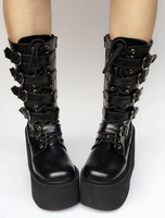 Lolita-Plattform Stiefel schwarz Keil Schnalle Lace Up Runde Spitze Lolita kurze Stiefel